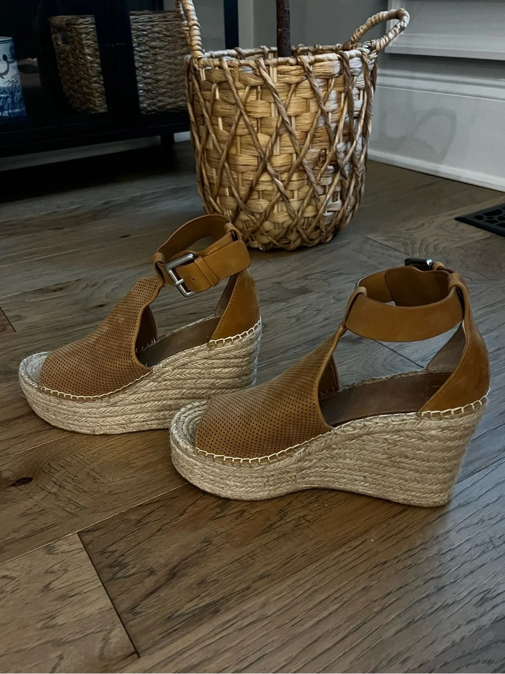 Marc Fisher Cognac Perforated Espadrille Wedge Sandals with Ankle Strap
